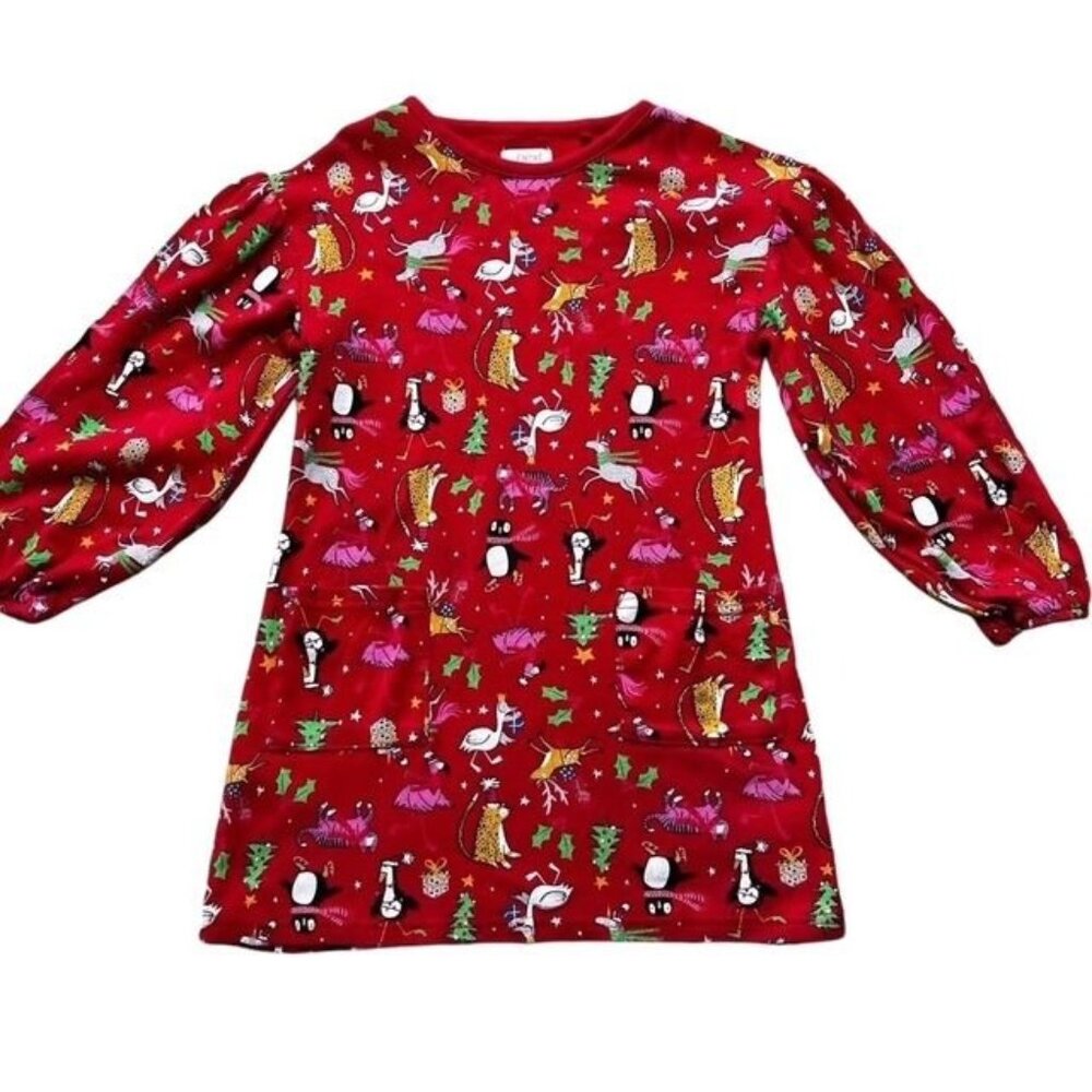 Next Girls Red Holiday Animals Print Dress Size 5 Years